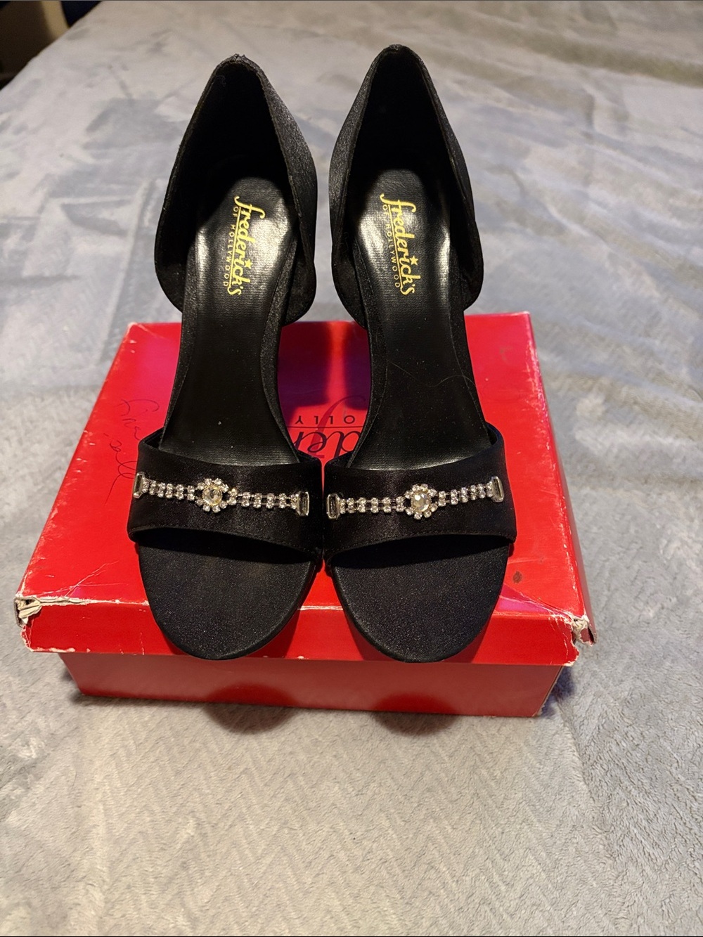 Frederick’s of Hollywood Black Satin Heels with Rhinestone Trim